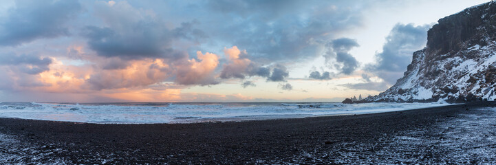 Iceland winter, trolls fingers rock, Vik village, sunset in Iceland