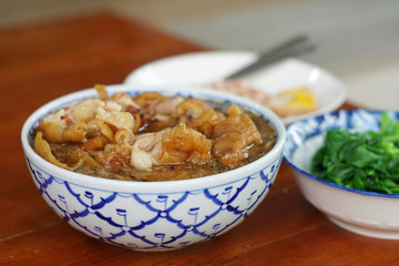 Still life photography of food : Stewed leg pork with sweet gravy sauce style chinese food served with steamed rice. Selective and free space for text, Clean food good taste idea concept.