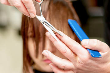 Hairdresser cuts hair of woman.