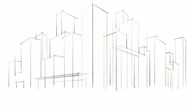Architectural animated hand drawn sketch of a complex of buildings