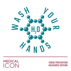 Antiviral Icon Series Wash Your Hands Concept Based on WHO Measures for Coronovirus Preventions with Water Molecule and Logo Lettering - Turquoise on White Background - Graphic Design