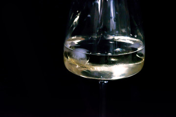 glass of white wine with ice on dark background