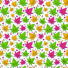 Vector illustration of cannabis in the style of kawaii. Cute and funny leaves. Cannabis pattern in kawaii style. Great for backgrounds, fabrics, wrapping paper, etc.