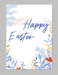 Trendy colorful Happy Easter greeting card with flowers eggs and bizarre elements.Good for poster, card, invitation, flyer, cover, banner, placard, brochure and other graphic design. 