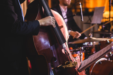 Concert view of a contrabass violoncello player with vocalist and musical during jazz orchestra...