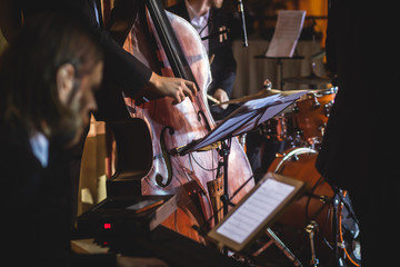 Concert view of a contrabass violoncello player with vocalist and musical during jazz orchestra...