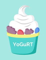 Dairy products good for digestive system and microflora. Yoghurt with berries or additional snacks. Yogurt full of nutrients and antioxidants. Homemade food for healthy lifestyle and dieting vector