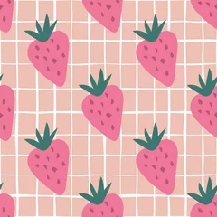 Fototapeten Doodle strawberry seamless pattern on stripes background. Sweet berries backdrop. © smth.design