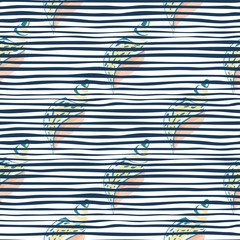 Fototapeta premium Green seashells seamless pattern on stripes background. Geometric sea shell vector illustration