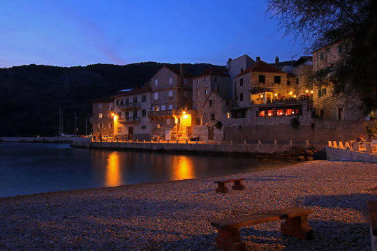 Old town of Komiza by night, Vis island, Croatia