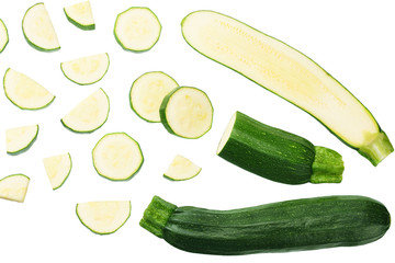fresh green zucchini slices isolated on white background