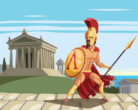 Spartan warrior and ancient Greek temple in background