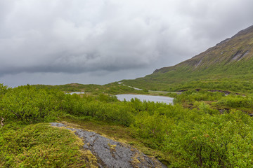 road passing in a valley between mountains in Norway, selective focus