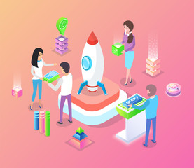 Startup vector, people working on new project business decisions and building of common concept, innovative decision, man with button isometric style