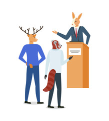 Hipster animal kangaroo speaker vector, isolated deer wearing suit, business colleagues asking questions spokesperson. Orator gesturing character