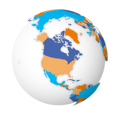 Blank political map of North America. Earth globe with colored map. Vector illustration
