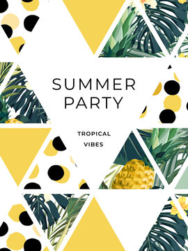 Bright summer hawaiian design with tropical plants, palm leaves and geometric hand darwn textures. Vector template for party flyer, banner, card or invitation.