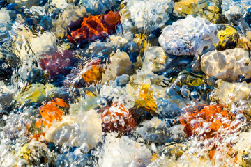 Fototapeta na wymiar Top view of pebbles in blurred sea water