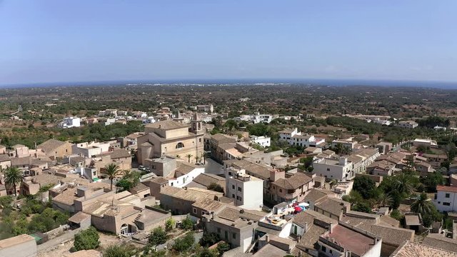 Aerial view, Flight at S'Alqueria Blanca with Parroquia de San Jos&eacute; church, Mallorca, Balearic Islands, Spain