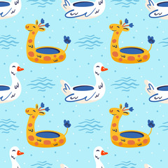 Little white rubber ring duck and yellow giraffe. Hot weather, holidays, relaxation. Summer seaside beach pool party. Hand drawn flat vector seamless pattern. Isolated on blue background.