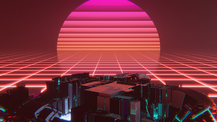 abstract synthwave retro style sunset technological city cube virtual world wallpaper background - obrazy, fototapety, plakaty