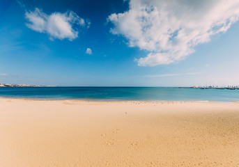 Fototapeta na wymiar Empty sea and beach background with copy space - paradise bliss theme