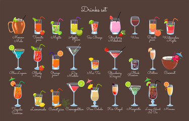 Fototapeta Set of drinks on a brown background. Vector graphics. obraz