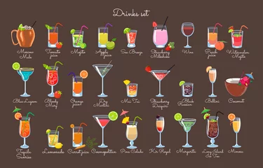 Foto op Plexiglas Set of drinks on a brown background. Vector graphics. © Екатерина Зирина