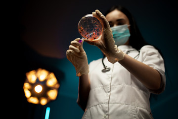 Laboratory worker pipetting blood sample into Petri dish for analysis
