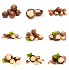 Fototapeta premium Macadamia nut with pieces and green leaves isolated on a white background