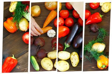 collage of vegetables on a village table, top view.