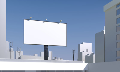 Fototapeta premium Billboard empty space in city. Signboard template - 3d render illustration. Advertisement promotion sideboard mockup. White blank copy space billboard poster. Brand street shop mockup