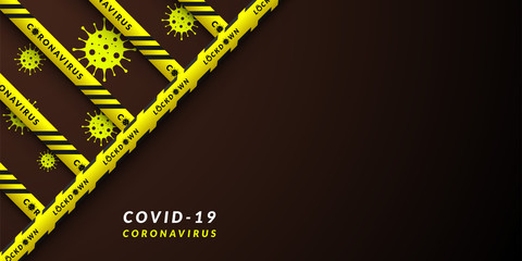 Vector design of corona virus danger warning in yellow and black stripes. Background with copy space. Dividing area Covid-19, quarantine, lockdown.