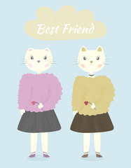 Obraz na płótnie Canvas Cute kitty girls in modern clothes, two friends. Hand drawn vector cartoon illustration. Concept of friendship. Can be used for t-shirt print, kids wear fashion design, baby shower invitation card