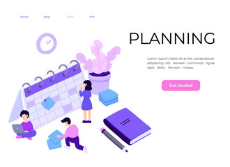 People Characters Planning Schedule with Calendar. Man and Woman Persons Manage and Organize their Work and Time. Business Plan and Time Management Concept. Flat Isometric Illustration.