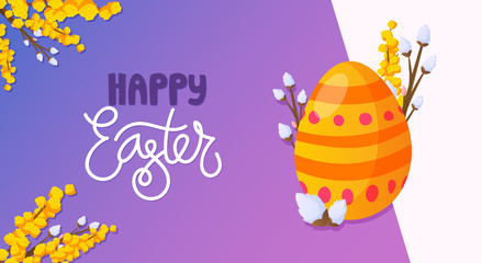 Painted egg and flowers Easter holiday background.