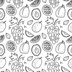 Fruit hand drawn vector pattern. grape, passionfruit, plum, nectarines