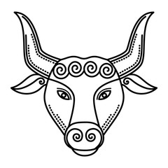 Second astrological sign, taurus associated with constellation. Zodiac represented by symbol of bull or buffalo. Outline drawing of animal on white background. Vector illustration of asterism in flat