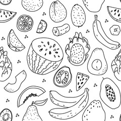 Fruit hand drawn vector pattern. watermelon, dragonfruit, avocado, banana, papaya, kiwi, guava