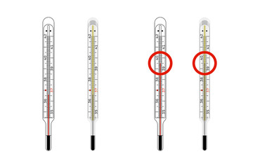 Clinical thermometer showing alarming temperature of 39.5 °C meaning fever having. Medical instruments. Vector illustration