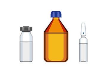 Glass medical bottles and ampoules for liquid pharmaceuticals isolated on white background. Drug packaging. Vector illustration