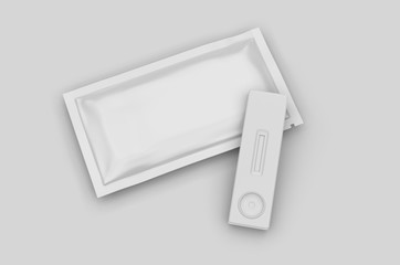 Blank rapid home self test kit sachet packaging for branding, 3d render illustration.