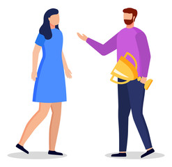 Young woman and man standing and talking together. Friends have conversation about success. Male with golden cup in hands. People isolated on white background. Vector illustration in flat style