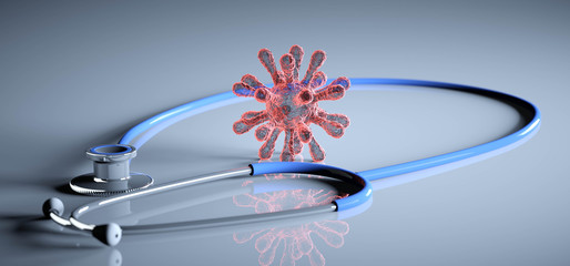Corona Virus Bacteria Microbe next to Medical Hospital Doctor Stethoscope Respiratory Infection Pandemic World Spread Glossy Table Reflection Realistic 3D Rendering