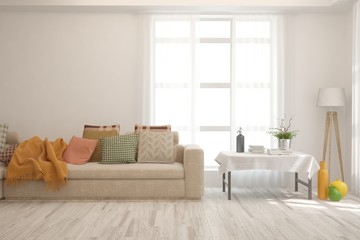 White living room with sofa. Scandinavian interior design. 3D illustration