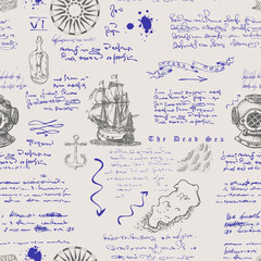 PrintVector image of a seamless texture in the style of a medieval nautical record of the captain's diary engraving sketch