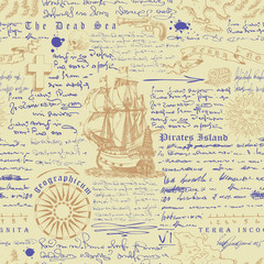 PrintVector image of a seamless texture in the style of a medieval nautical record of the captain's diary engraving sketch