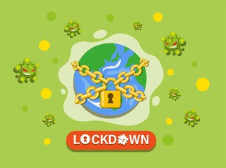 Naklejka premium earth globe with locked chain, locklockdown world to protection from virus pandemic cartoon flat illustration vector