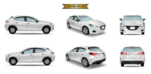 Set cars mockup realistic white isolated on the background. Ready to apply to your design. Vector illustration.