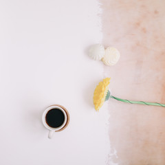 Still life with cup of coffee and marshmallow zephyr and flowers. Wedding, birthday, Valentines Day, March 8 concept. 